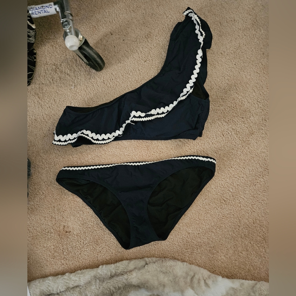 J. Crew Navy Ric Rac One Shoulder Ruffle Bikini Top In Pique - Picture 2 of 4